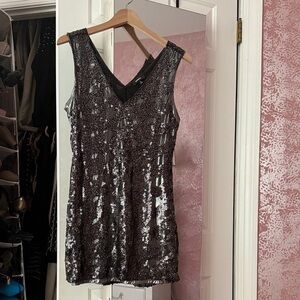 Express Black and Silver Sequin V-Neck Dress